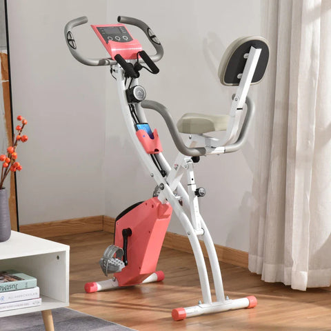 Rootz 2-in-1 Foldable Exercise Bike - Recumbent Stationary Bike - 8-Level Adjustable - Magnetic Resistance with Pulse Sensor - LCD Display - Pink + White - 97 x 51 x 115 cm