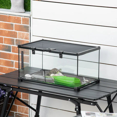 Rootz Reptile Box Terrarium - Including Strip Thermometer - Feeding Flaps - Glass + Metal - Black - 50 cm x 30 cm x 25 cm