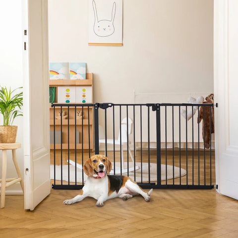 Rootz Door Protection Gate For Dogs - Barrier Gate - Protective Gate For Pets - Dog Gate Including 3 Different Extensions - Stair Gate Without Drilling - Metal - Plastic - Black - 136.3W x 76.2H cm