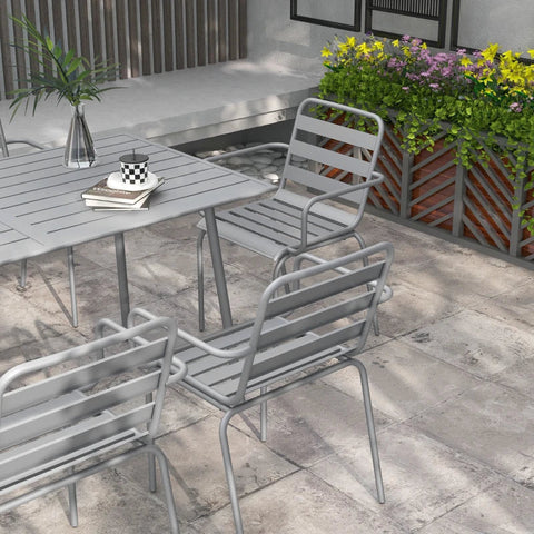 Rootz Garden Furniture Sets - Outdoor Seating - Weatherproof - Dining Table & Six Armchairs - Metal Plate Design - Steel - Light Gray - 150 x 80 x74 cm