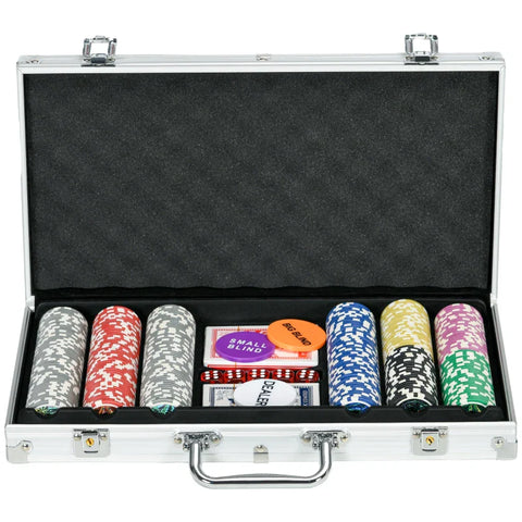 Rootz Casino Accessories - Chips Poker Set - Chips Poker Chip Case - Including Mat - 300 Chips - 2 Decks Of Cards - Silver - 38.5cm x 23cm x 6.5cm