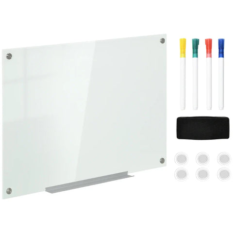 Rootz Glass Whiteboard - Memo Board - Whiteboard - 4 Pens - 6 Magnets - 1 Sponge - 1 Shelf - Office Supplies - White - 90L x 60W cm