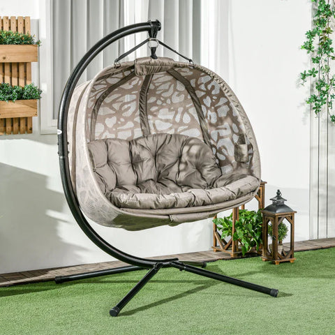 Rootz Hanging Chair for 2 People - Folding Seat Basket - Large Seat Cushion - Sand + Black - 130 x 103 x 172 cm