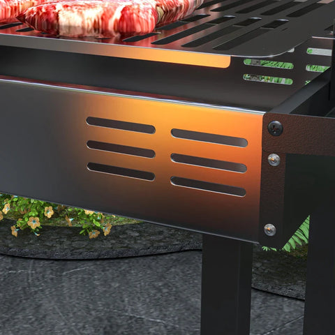 Rootz Charcoal Grill - BBQ Smoker - Adjustable Grate - Side Shelves - 1 Rotisserie Spit - Warming Rack - Enameled Cast Iron - Black + Silver - 118 x 32 x 90 cm