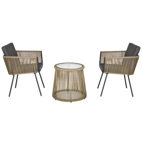 Rootz Garden Furniture - 3-piece Seating Group - 2 Chairs - Side Table - Seat & Back Cushions - Tempered Glass - Table Top - Artificial Rattan - PE Rattan-polyester - Gray - 42W x 50D cm