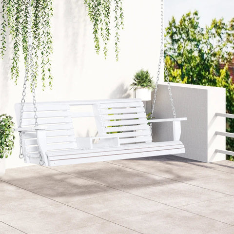 Rootz Hanging Bench - Hollywood Swing - With Folding Table And Cup Holders - Natural Wood - White - 150L x 75W x 53H cm
