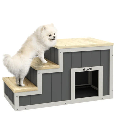 Rootz Pet Stairs - Dog Stairs - 3 Steps - Pine Wood - Non-slip Foot Pads - Natural + White - 79cm x 38.5cm x 45cm