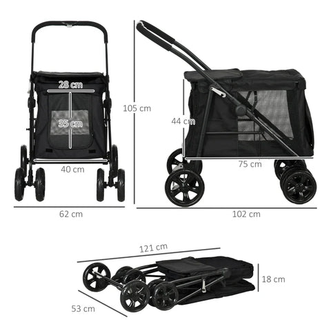 Rootz Dog Trolley With Cushion - 3 Side Pockets - Foldable Dog Trolley - Dog Cart - Oxford Fabric - Black - 102 cm x 62 cm x 105 cm