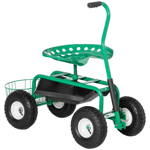 Rootz Garden Trolley With Rolling Seat - Shelf Basket - Small Garden Tools - Workshop Trolley - Mobile Garden - Height Adjustable - Metal - Rubber - Green - 98cm x 45cm x 87cm