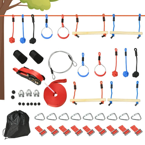 Rootz Ninja Slackline Climbing Set - 30 Pieces - 10m Rope for Children 3-6 Years - Blue + Black + Red - 1000cm x 40cm x 100cm