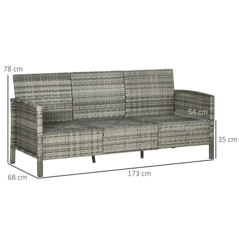 Rootz Rattan Sofa with Cushions - Three Seater Garden Lounge Sofa - Steel - Grey - 173 x 68 x 78 cm