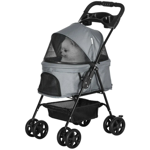 Rootz Dog Stroller - Pet Stroller - Foldable Cat Dog Pushchair - Pet Travel Carriage with 4 Wheels - Adjustable Canopy - Safety Leashes - Storage Basket - Grey - 67 x 45 x 96 cm