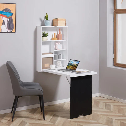Rootz Wall Desk - Folding Table Top - Wall Table - 5 Compartments - Space-saving - Black+ White - 60x94.5x147cm