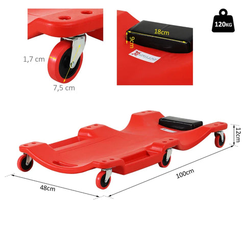 Rootz Assembly Roller Board - Headrest - Ergonomic Design - Tool Tray - Oil-resistant - Up To 120 Kg - Robust Plastic - Red - 100L x 48W x 12H cm