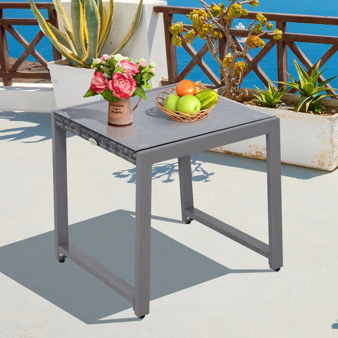 Rootz Garden Table - Garden Side Table - Coffee Desk - Garden Furniture With Tempered Glass - Polyrattan + Aluminum - Gray - 50 x 49.5 x 50 cm