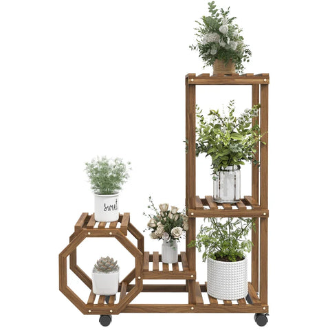 Rootz Flower Shelf - 6 Shelves - Plant Shelve - Flower Rack - Mobile Shelve - Indoor & Outdoor - Fir Wood - Dark Brown - 86 x 30 x 102cm