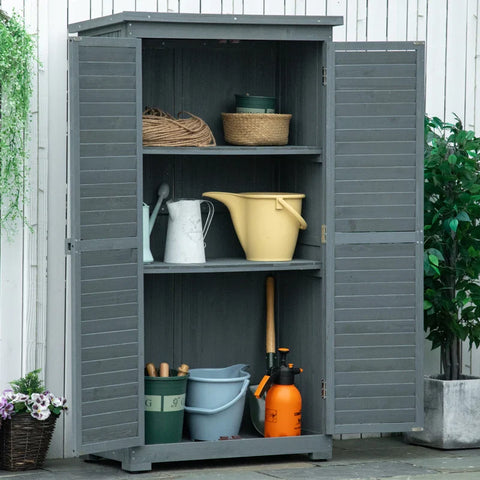 Rootz Garden Cupboard - Wooden Tool Shed -Wooden Hut Pent - Roof Bitumen Cardboard - Slatted Doors - Gray - 87 x 46.5 x 160 cm