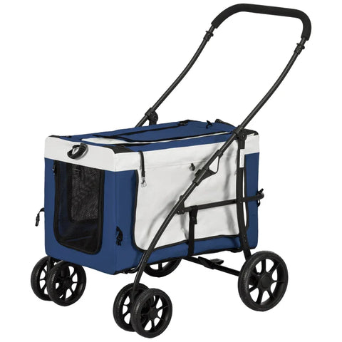 Rootz Dog Buggy - 2 Safety Leashes - Dog Cart - Foldable - Removable Basket - Rain Cover - Oxford Cloth - Steel - Dark Blue - 81L x 58W x 97.5H cm