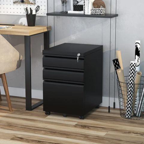 Rootz Rolling Container - Filing Cabinet - 3 Drawers - 5 Wheels - Hanging File - Lockable - Steel - Black - 39 x 48 x 60 cm