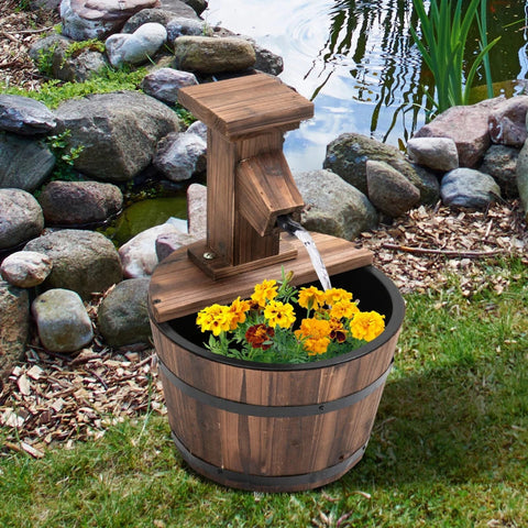 Rootz Garden Fountain - Decorative Fountain - Barrel Fountain - Waterfall - Wooden Bucket - Fir Wood + Metal - Dark Brown - 27 x 37 cm
