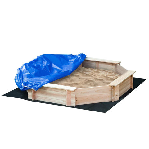 Rootz Sandpit With Cover - Octagonal - Including Base Film - Children Sandbox - Solid Wood Frame - Natural + Blue - 139.5 x 139.5 x 21.5 cm