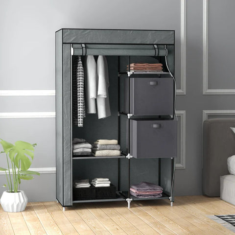Rootz Fabric Cabinet - Cloth Cabinet - Foldable Closet - 6 Shelves - 1 Clothes Rail - Cupboard - Gray - 102 x 42.5 x 162.5 cm