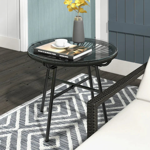 Rootz Garden Table - Boho Style - Outdoor Side Table - PE Rattan - Tempered Glass - Weather Resistant - Black - 50cm x 50cm x 50cm