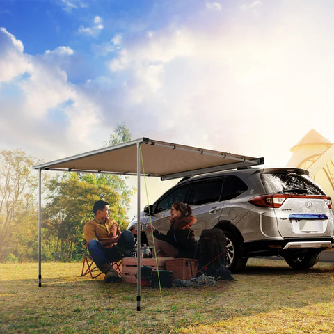 Rootz Car Tent - Roof Tent - Car Side Awning - Weatherproof - Twist-lock Design - Protects Rain - Oxford Fabric - Khaki - 160L x 250W x 125-225H cm