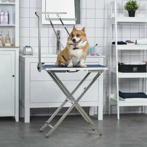 Rootz Pet Dressing Table - Height Adjustable - Pet Grooming Arm - Haunch Holders & Grooming Loop - Silver - 36 x 8 x 74 cm