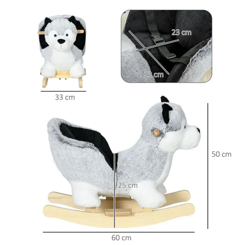 Rootz Husky Rocking Horse - Seat Belt - Sound Function - Plush Rocking Animal - Gray + White + Black - 60cm x 33cm x 50cm