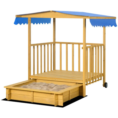 Rootz Sandpit - Sandpit With Playhouse - Sandpit With Roof - Children's Sandpit - Fir Wood - Natural + Blue - 133 x 129 x 137.5 cm
