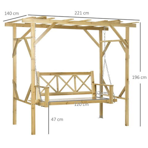 Rootz Swing Bench With Pergola - For 2 People - Height Adjustable - Solid Wood Frame - Natural - 2.21 x 1.40 x 1.96 m