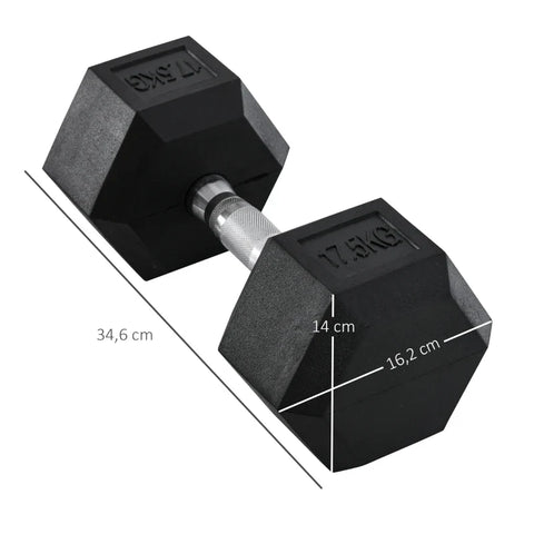 Rootz Dumbbell - Anti-Slip Handle - Single Rubber Hex Dumbbell - Home Gym - Black + Silver - Ø16.2 x 34.6Lcm
