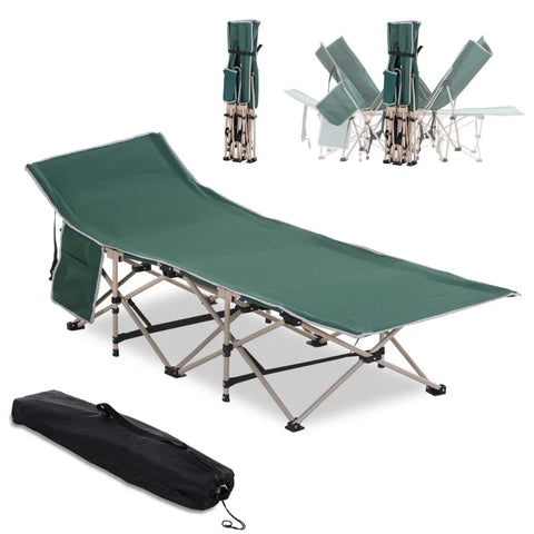 Rootz Camp Bed - Foldable Camping Bed - Military Sleeping Bed - Weather Resistant - Includes Tote Bag - Green + Beige - 190cm x 68cm x 52cm