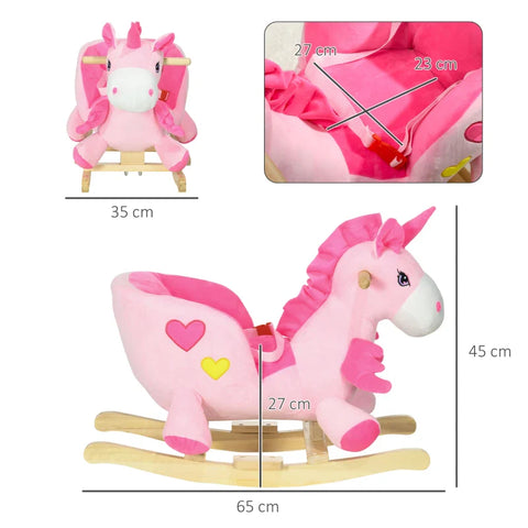 Rootz Rocking Horse In Unicorn Design - With Lap Belt - Music Function - Plush Cover - Metal Frame - Pink - 65cm x 35cm x 45cm