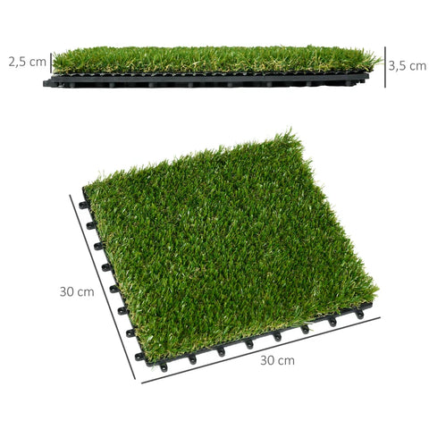 Rootz Artificial Grass Turf - Lifelike - Drainage Function - 25mm Height - Set Of 10 - UV Resistance - Green - 30x30cm