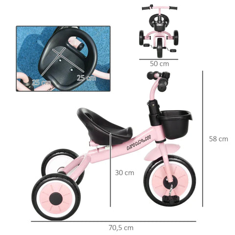 Rootz Tricycle for Children - 2-5 Years - Height Adjustable Seat - Bell - Bicycle Basket - Metal Frame - Pink - 70.5cm x 50cm x 58cm