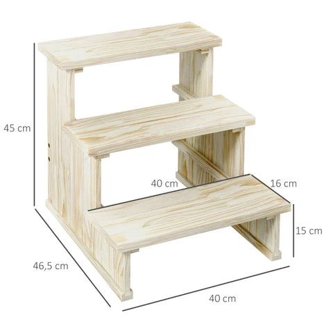 Rootz Pet Stairs - Dog Stairs - 3 Steps - Pine Wood - Non-slip Foot Pads - Natural - 40cm x 46.5cm x 45cm
