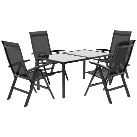 Rootz Garden Furniture Sets - Outdoor Seating Group - 4 Folding Chairs Table - Glass Top - Adjustable Backrest - Aluminum - Tempered Glass - Dark Gray - 50W x 47D cm