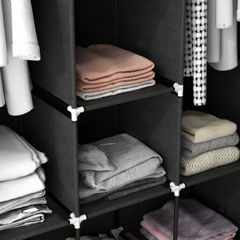 Rootz Fabric Cabinet - Storage Solution - 8 Shelves - 2 Clothes Rails - Non-woven Fabric - Black - 125cm x 43cm x 162.5cm