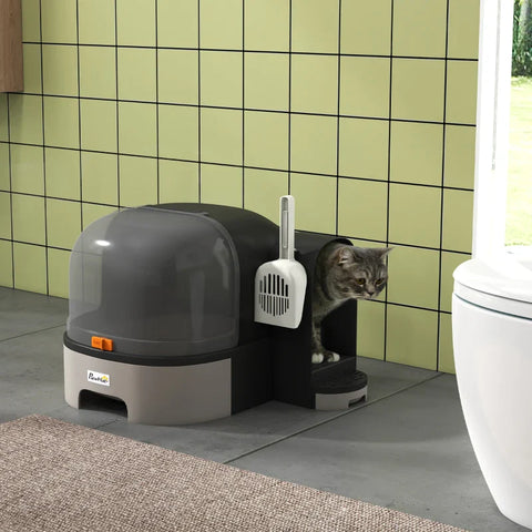 Rootz Cat Litter Tray - Cat Litter Box - 2 Pull-Out Base Trays - 1 Shovel - Litter Tray - Gray + Black - 52cm x 60cm x 42cm