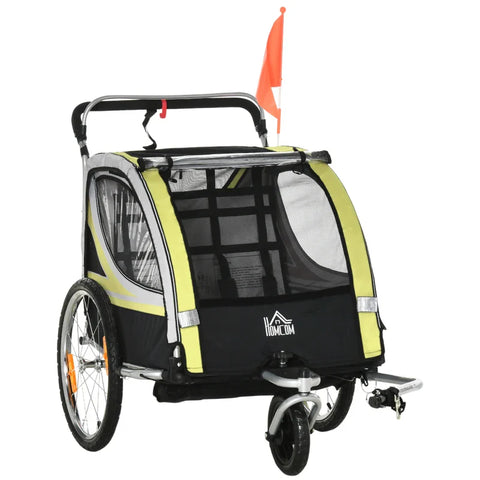 Rootz 2-in-1 Bicycle Trailer - For 2 Children - Sliding Function - Rain Cover - Brake - Oxford Fabric - Yellow + Black - 142cm x 75cm x 101cm