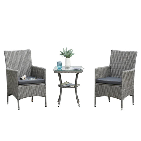 Rootz Rattan Garden Furniture Set With Side Table - Bistro Set - Balcony Furniture - Seating Set With Seat Cushion - Polyrattan + Steel - Gray - 60 x 58.5 x 89.5 cm