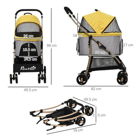 Rootz 2-in-1 Dog Buggy - Foldable Dog Trolley - 1 Basket - 1 Bag - Dog Pushchair - Universal Wheel Brake - Canopy - Yellow - 82cm x 49.5cm x 98cm