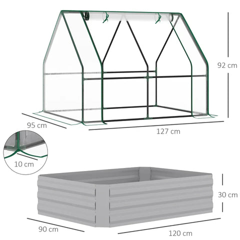 Rootz Raised Garden Bed with Greenhouse - Steel Planter Box with Plastic Cover - Roll Up Window - Dual Use for Flowers - Vegetables - Fruits and Herbs - Gray - 127L x 95W x 92H cm