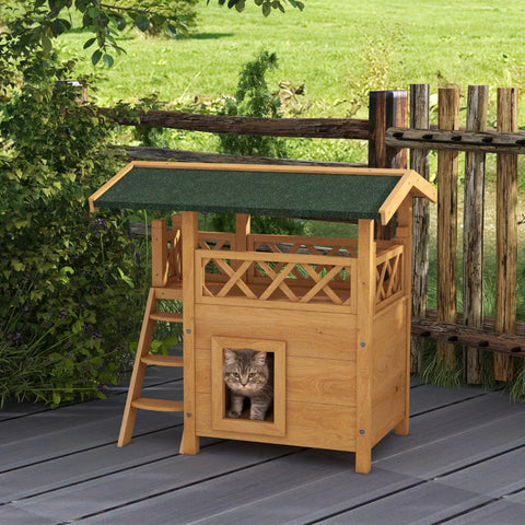 Rootz Cat House - Pet Kennel - Asphalt Roof - 2 Levels - 1 Ladder - Fir Wood - Natural + Green - L77 x W50 x H73 cm