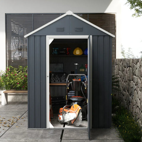 Rootz Garden Shed - Metal Tool Shed - Double Door - Window - Equipment Cabinet - Bicycle Garage - Galvanized Steel - Polypropylene - Gray - 259L x 172W x 222H cm