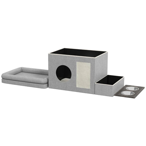Rootz Cat House - Feeding Place - 2 Stainless Steel Bowls - Scratching Mat - Soft Lounger Cushion - Gray - 78 x 48 x 49.5 cm