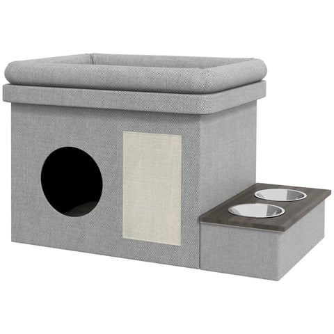 Rootz Cat House - Feeding Place - 2 Stainless Steel Bowls - Scratching Mat - Soft Lounger Cushion - Gray - 78 x 48 x 49.5 cm