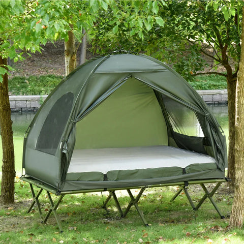 Rootz Camping Tent - Set For 2 People - With Camp Bed - Air Mattress - Green - L193 x W136 x H178 cm